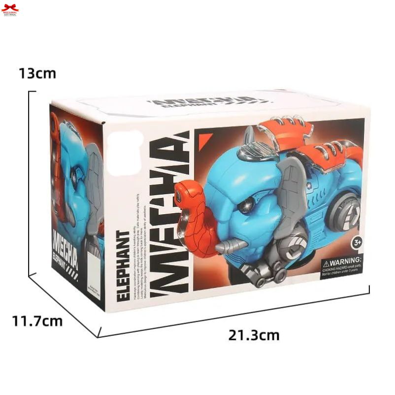 Box with a mechanical elephant toy on a white background