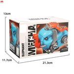 Box with a mechanical elephant toy on a white background