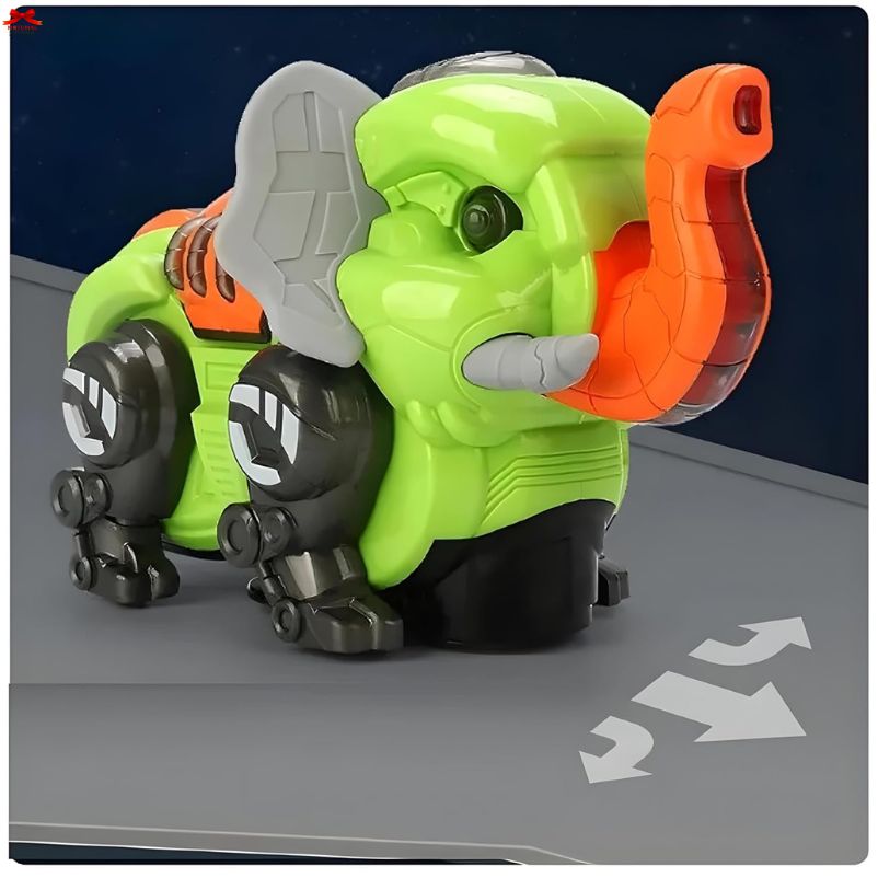 Toy elephant with green body, orange trunk, and gray ears on a dark background