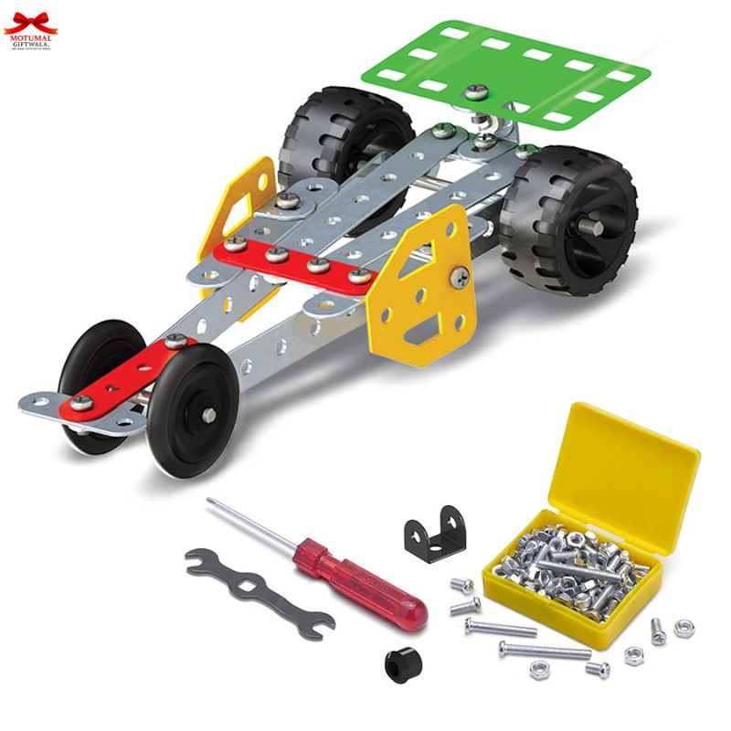 Model car kit with wheels, tools, and screws on a white background