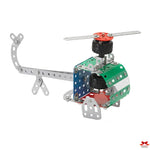 Mechanical model of a helicopter with colored blades on a white background