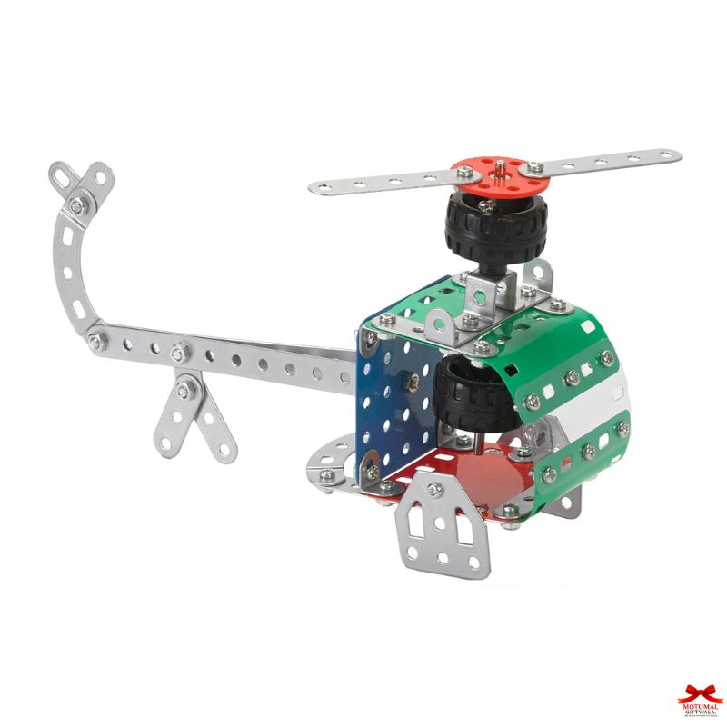 Mechanical model of a helicopter with colored blades on a white background