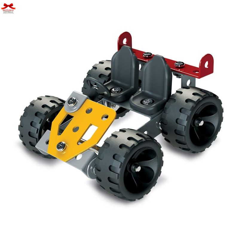 Four-wheeled robot chassis with gray, black, yellow, and red components on a white background.