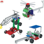 Mechanical model kit with various components on a white background