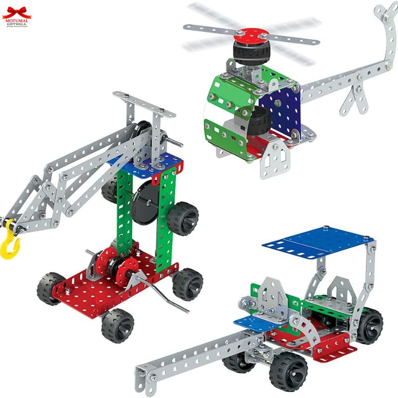 Mechanical model kit with various components on a white background
