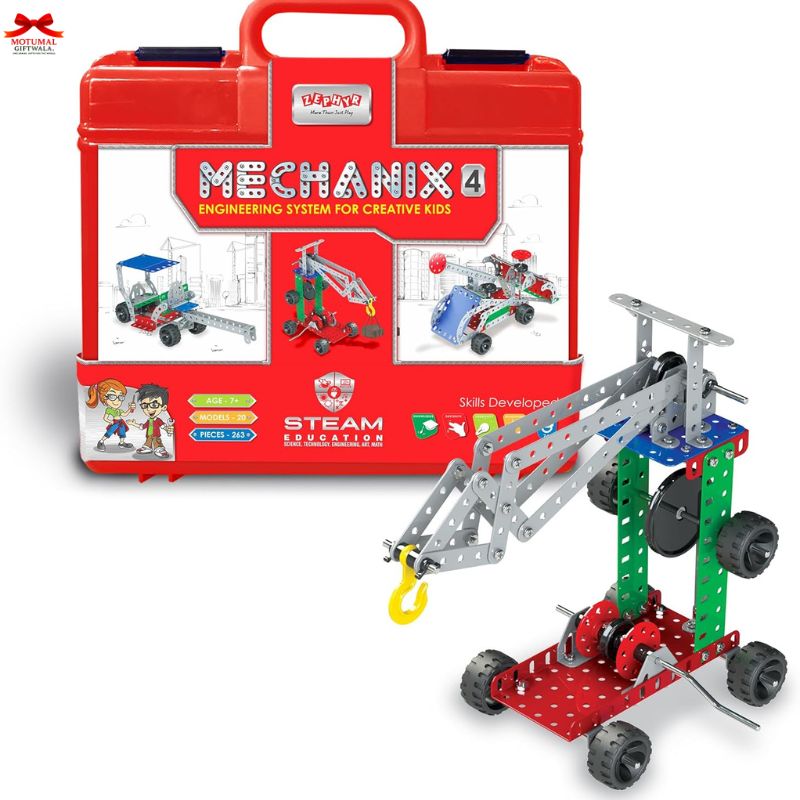 Mechanix toy engineering set with red carrying case on a white background