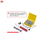 Yellow toolbox with screws, nuts, and tools on a white background