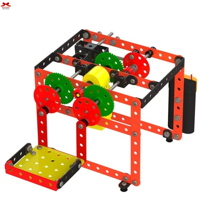 Colorful mechanical model with gears on a white background