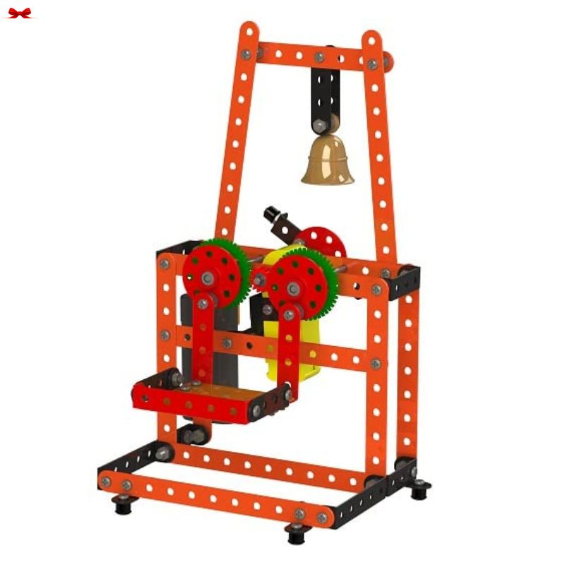 Mechanical model with gears and a bell on an orange stand against a white background