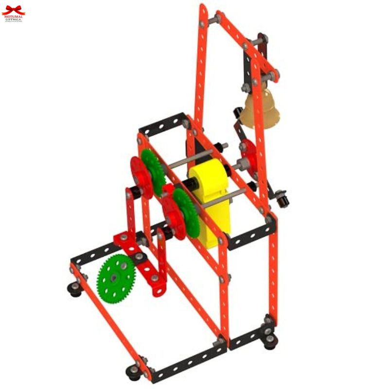 Mechanical model with red frame and colorful gears on a white background