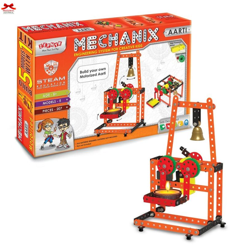 Mechanix Aarti toy engineering system packaging with toy model on a white background