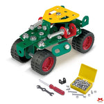 Toy robot chassis with wheels, tools, and screws on a white background