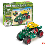 Toy construction set with 'Mechanix' branding and packaging on a white background