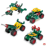 Set of toy mechanical vehicles with green, yellow, and red colors on a white background