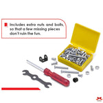 Yellow toolbox with screws, nuts, and tools on a white background