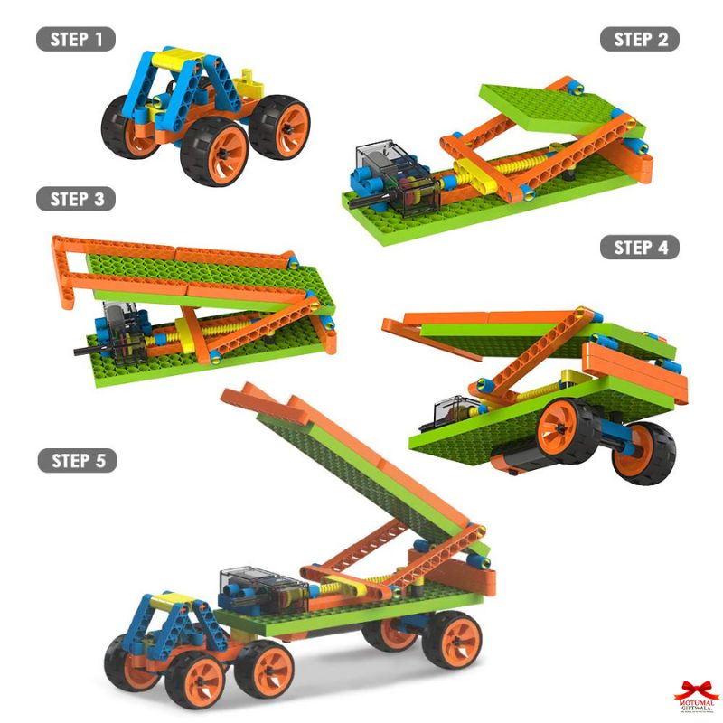 Step-by-step assembly of a toy vehicle with building blocks on a white background
