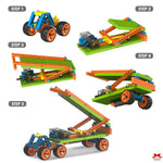 Step-by-step assembly of a toy vehicle with building blocks on a white background
