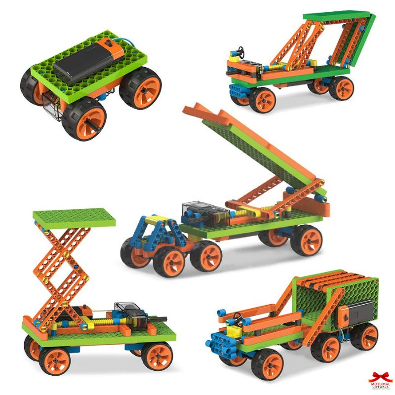 Set of colorful toy construction vehicles on a white background