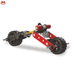 Mechanical model with red and black components on a white background