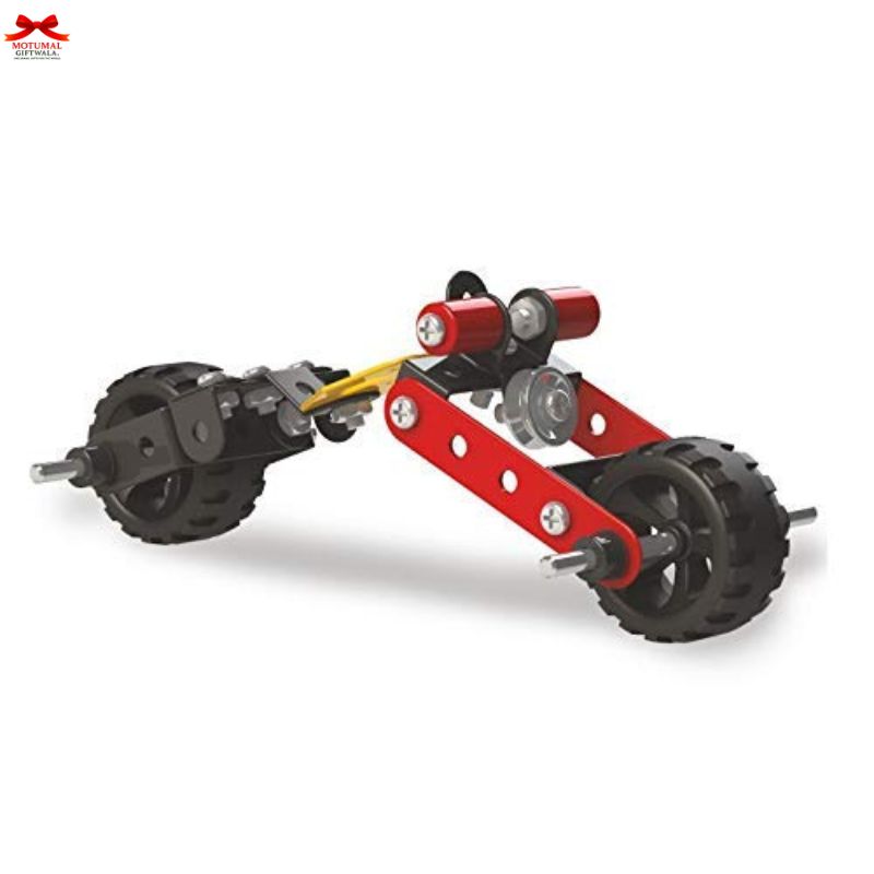 Mechanical model with red and black components on a white background