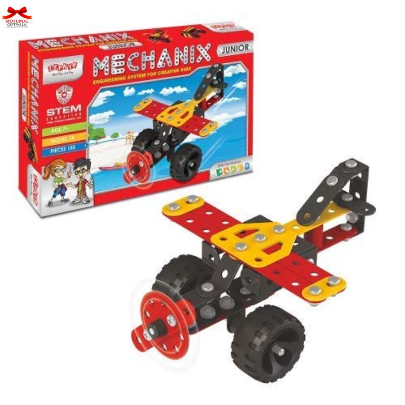 Mechanix Junior STEM educational toy set with building kit and packaging on a white background
