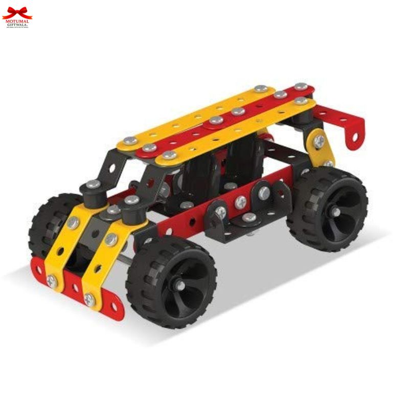 Toy construction set with yellow and red elements on a white background