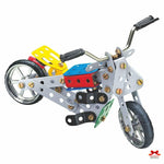 Model motorcycle kit with colorful components on a white background