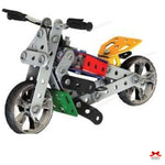 Toy motorcycle model with colorful components on a white background