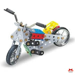 Motorcycle model kit with colorful components on a white background