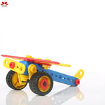 Toy construction set with wheels and a blue track on a white background
