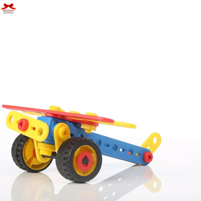 Toy construction set with wheels and a blue track on a white background