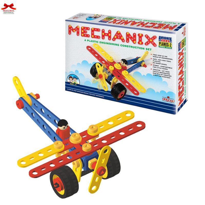Mechanix plastic engineering construction set with toy airplane and packaging on a white background