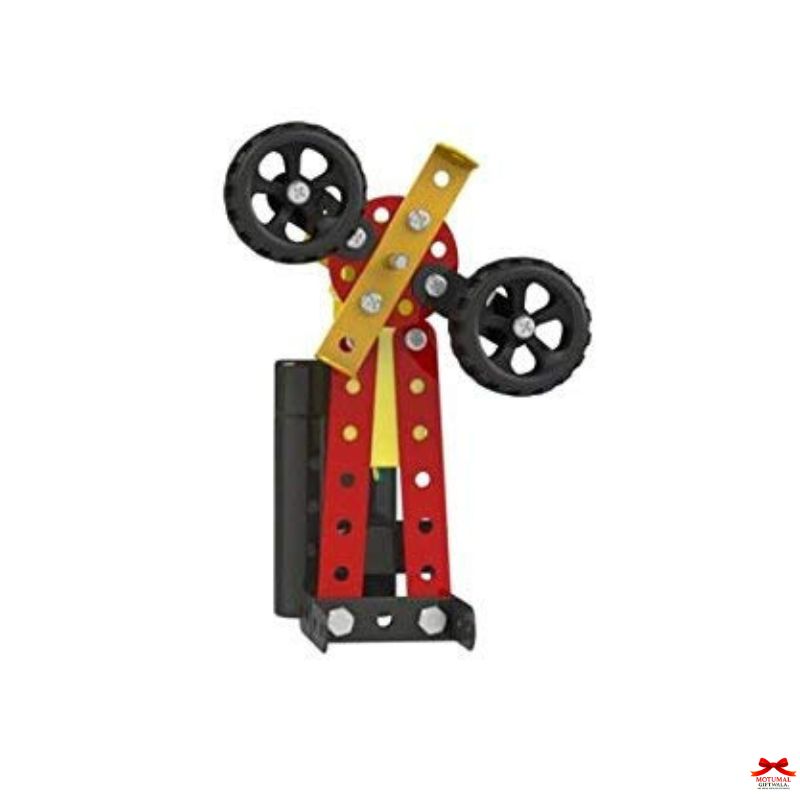 Toy figure of a character with red body, yellow arms, and black wheels on a white background
