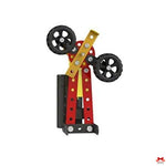 Toy figure of a character with red body, yellow arms, and black wheels on a white background