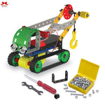 Toy construction set with tools and parts on a white background
