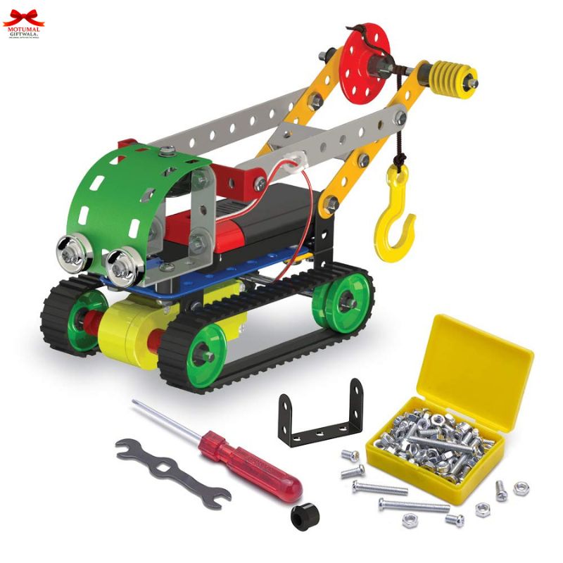 Toy construction set with tools and parts on a white background