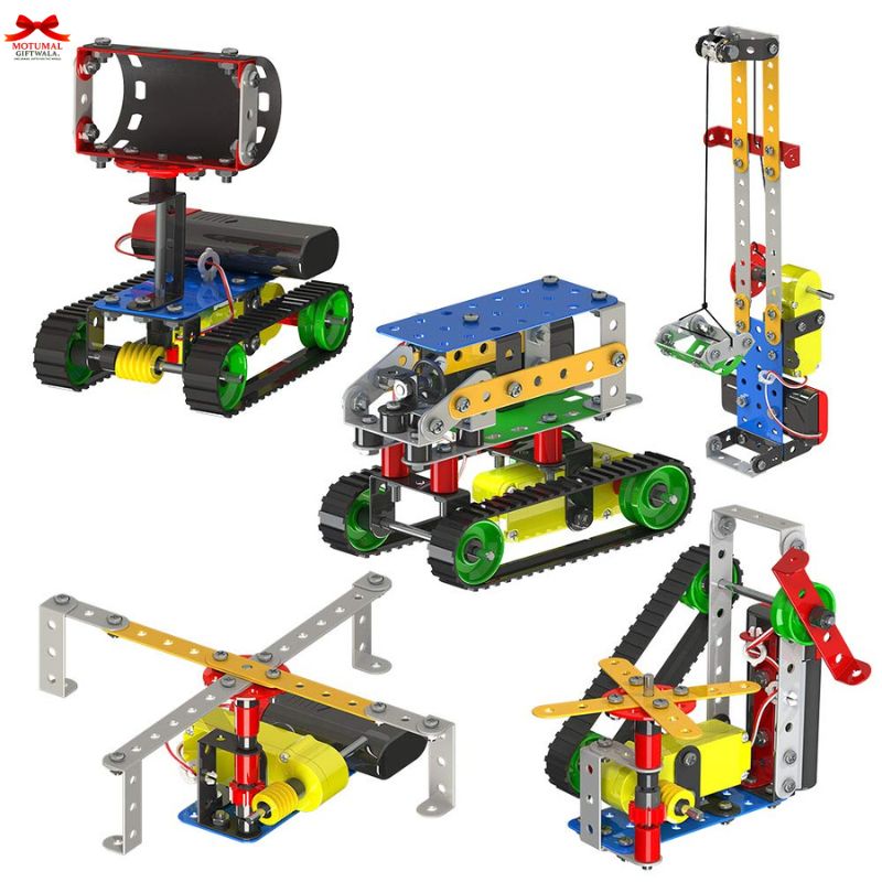 Set of colorful mechanical building blocks on a white background
