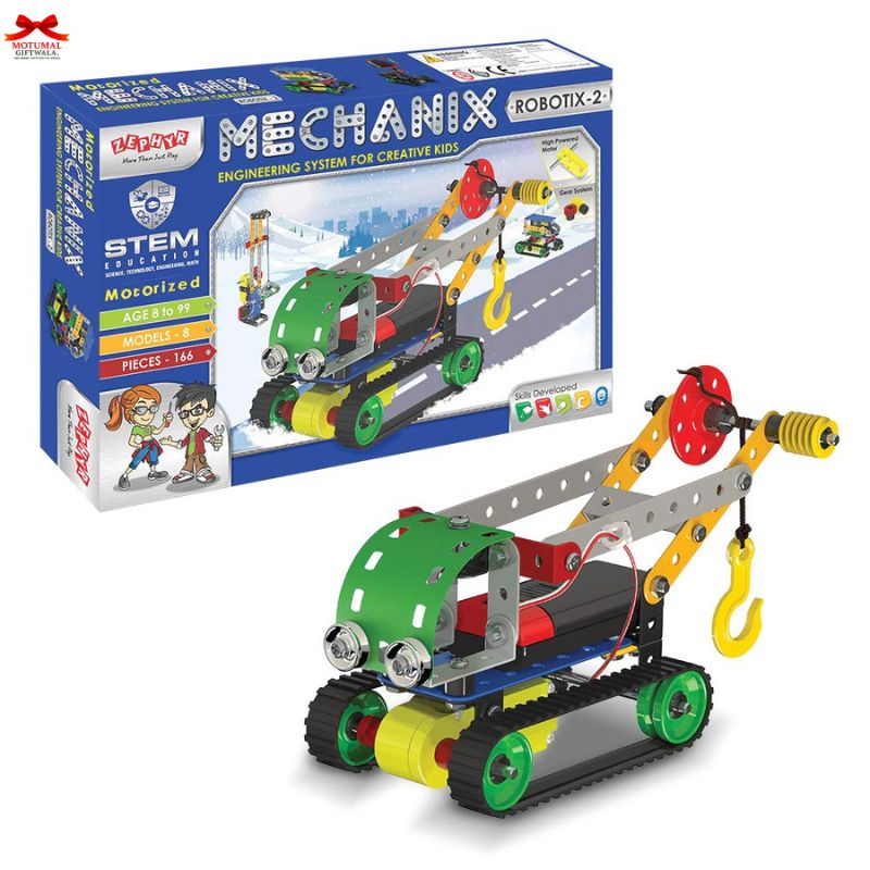 Toy construction set with crane mechanism in front of its packaging