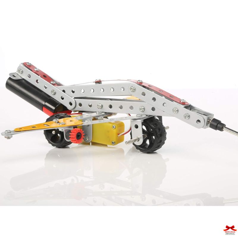 Mechanical arm with joints and wheels on a white background