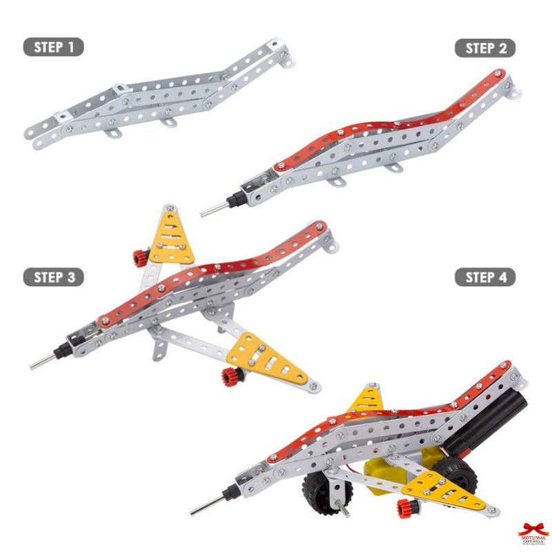Step-by-step assembly of a toy airplane model with labeled steps on a white background.