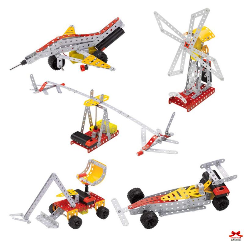 Set of mechanical model building kits on a white background