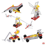 Set of mechanical model building kits on a white background