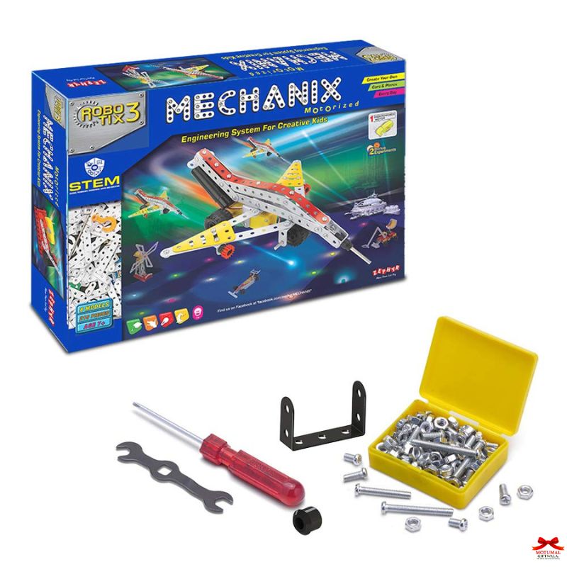 Mechanix STEM toy set packaging with tools and parts on a white background