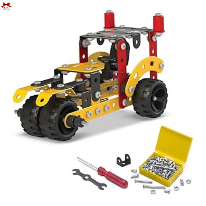 Mechanical model kit with wheels, tools, and screws on a white background