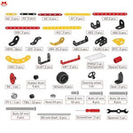 Set of car parts and tools with labels on a white background