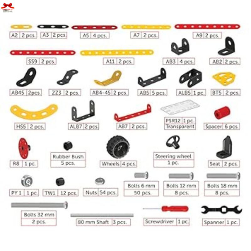 Set of car parts and tools with labels on a white background