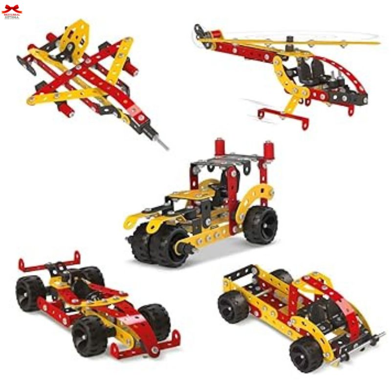 Set of colorful mechanical model building kits on a white background
