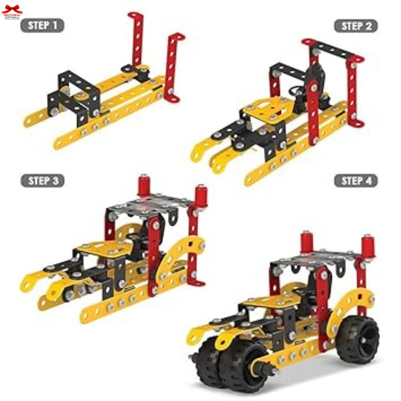 Step-by-step assembly of a mechanical model with yellow and red components on a white background.