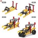 Step-by-step assembly of a mechanical model with yellow and red components on a white background.