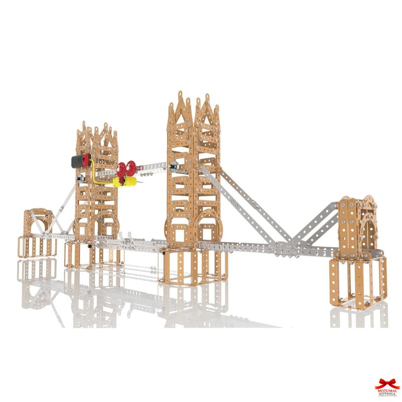 Toy bridge structure with towers and a crane on a white background